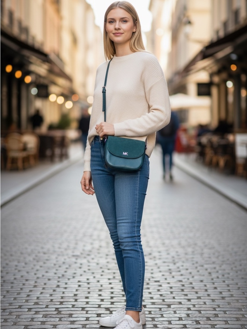 Michael Kors Teal Leather & Suede Flap Crossbody Bag Silver Chain